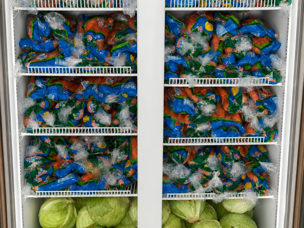 Fresh cabbage, carrots and frozen goods in the freezer